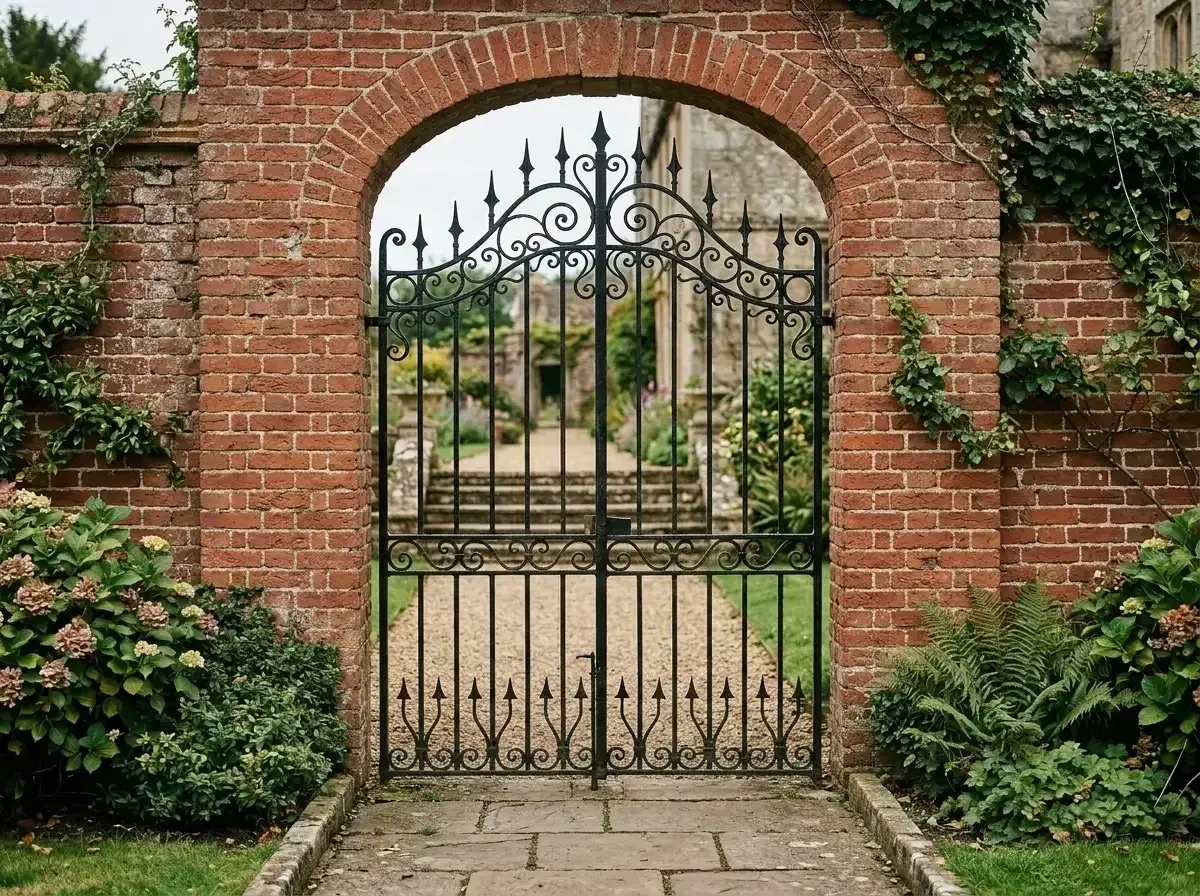 A black wrought-iron gate set in a brick archway with no people present.