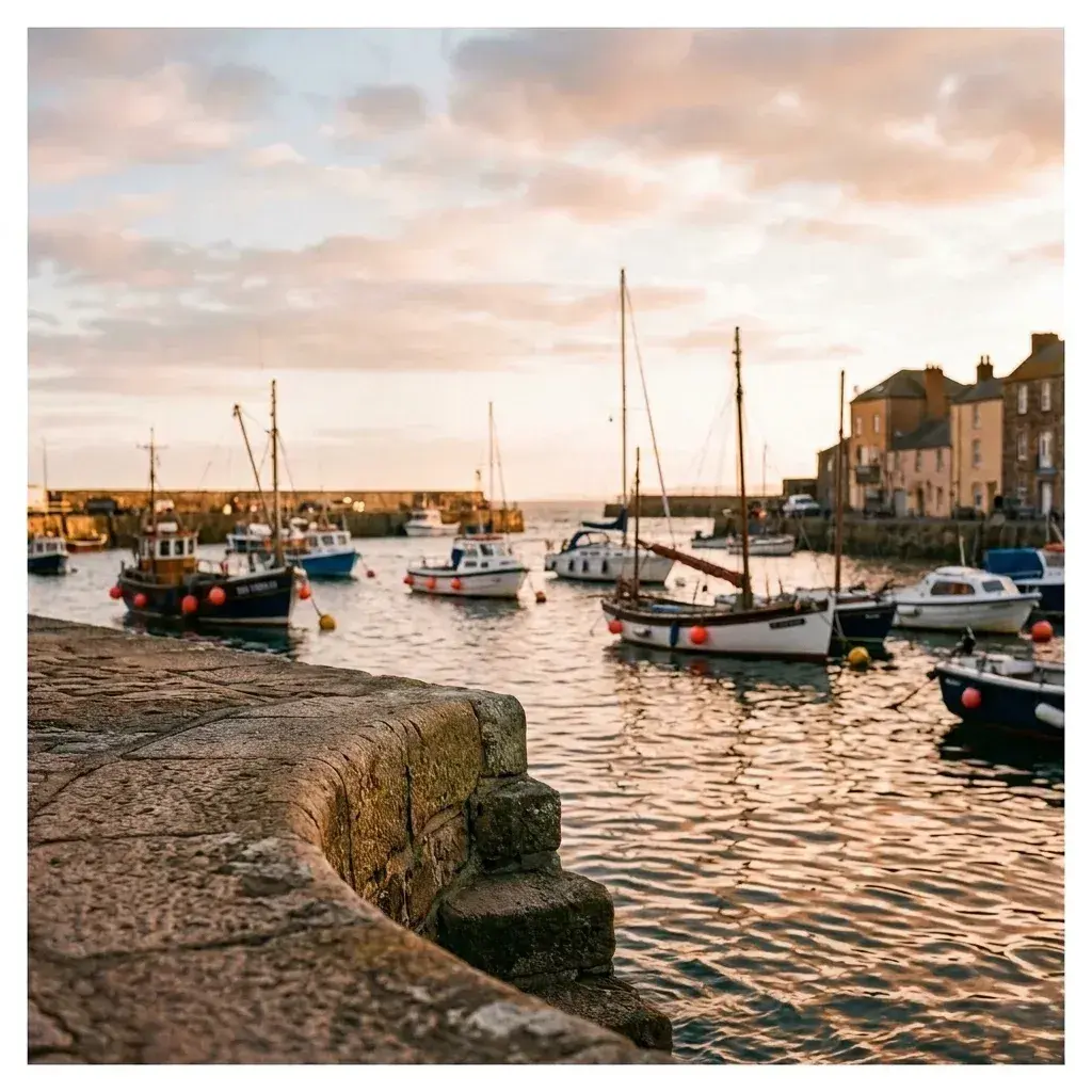 A harbor filled with boats and sailboats under a sunset sky, with buildings along the waterfront and an empty stone wall in the foreground.