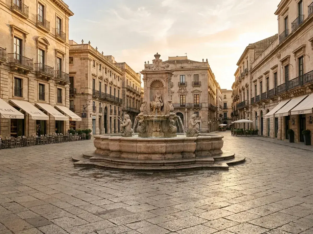 The same city square and ornate fountain, now empty of people.