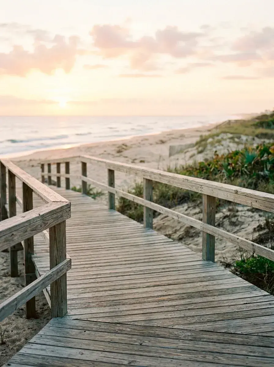 An empty wooden boardwalk leads toward a beach and the ocean under a sunset sky.