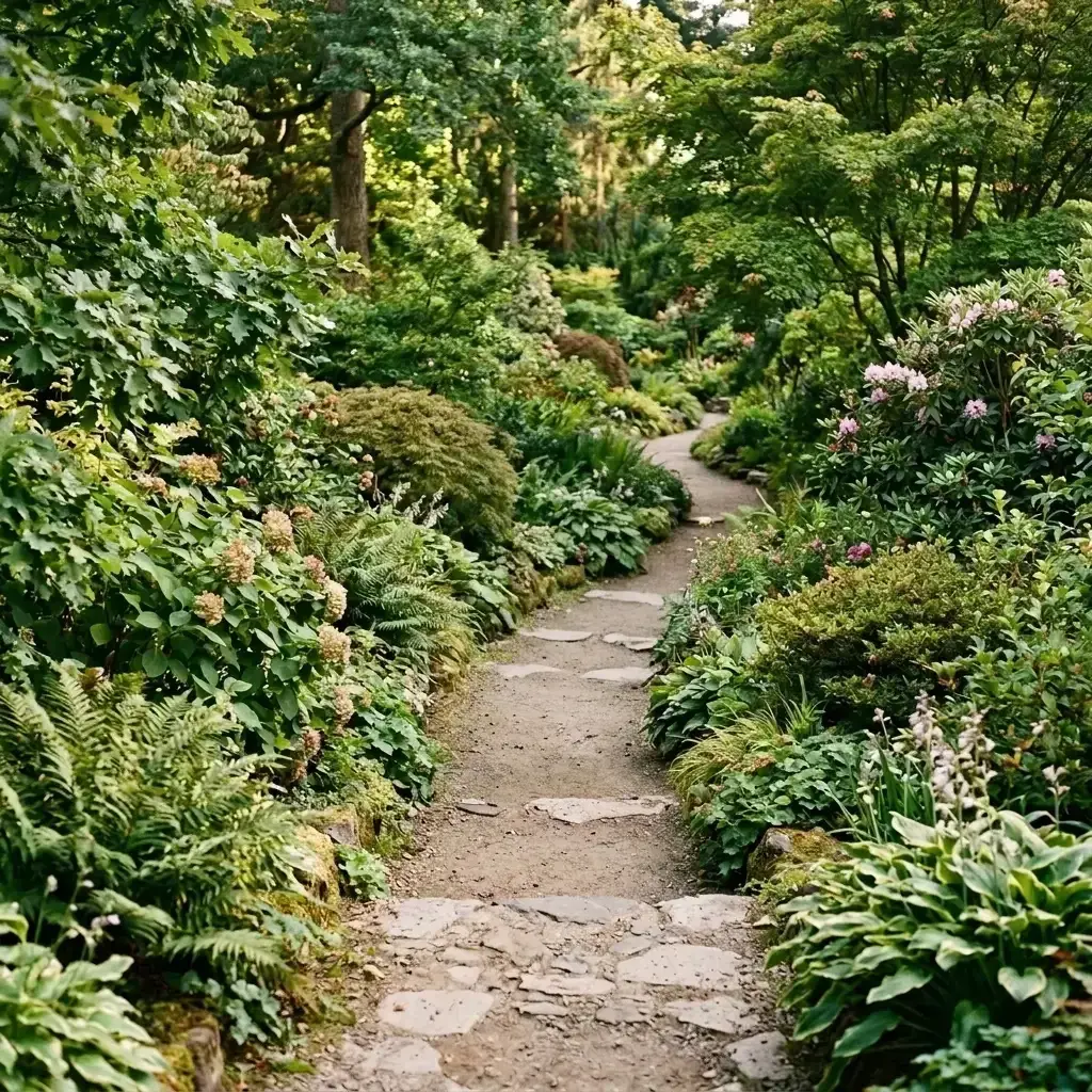 An empty dirt path winds through a dense garden with various trees and flowering plants.