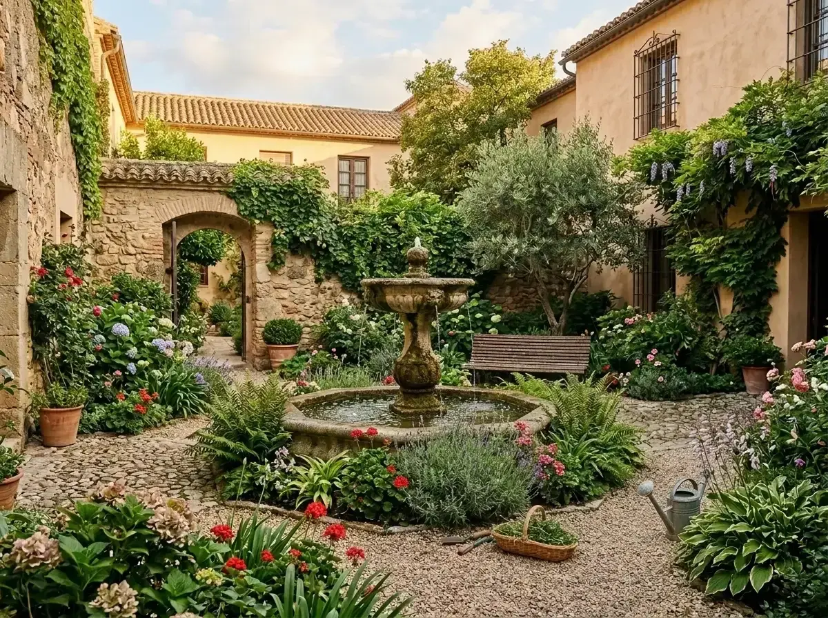 A stone fountain sits in the center of a lush garden courtyard with flowers, a wooden bench, and a watering can, with no people present.