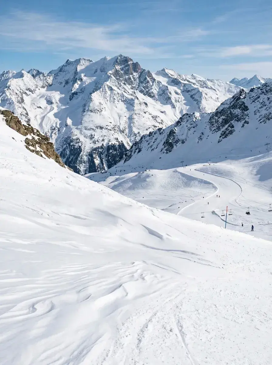 A snowy mountain landscape with distant ski lifts and small figures on the slopes, with the foreground skiers removed.
