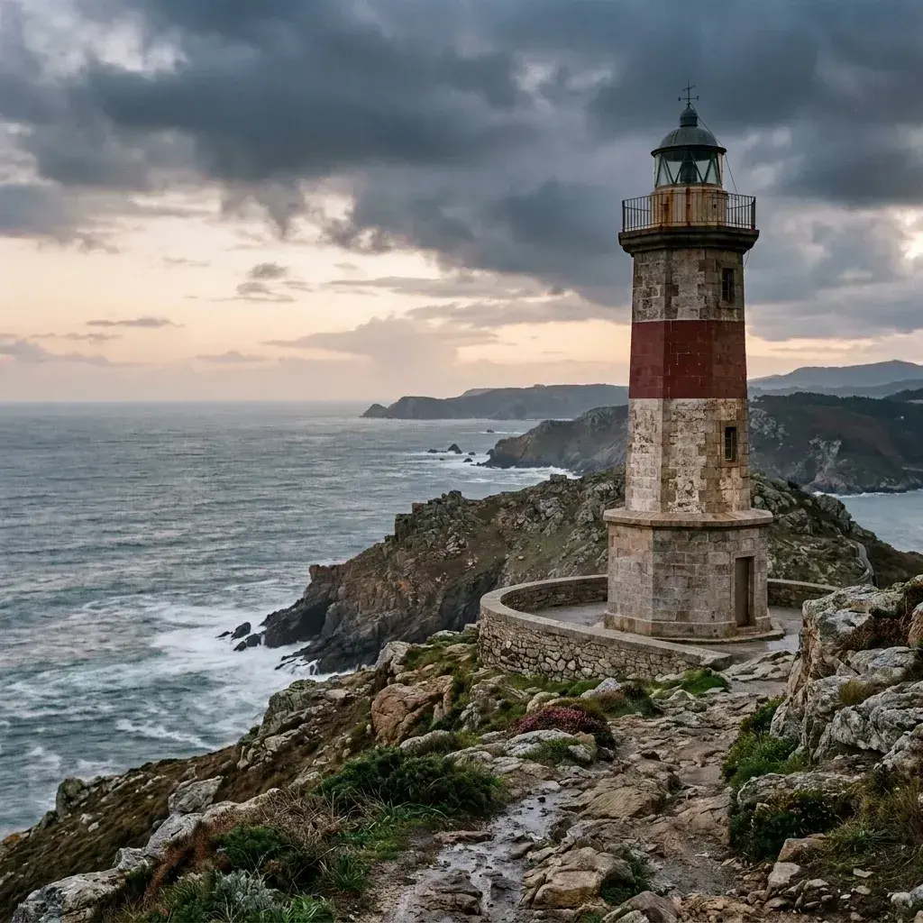 A stone lighthouse stands on a rocky cliff overlooking the ocean with an empty path in the foreground.