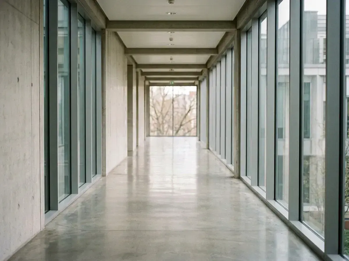 An empty modern hallway with floor-to-ceiling windows and a polished concrete floor.