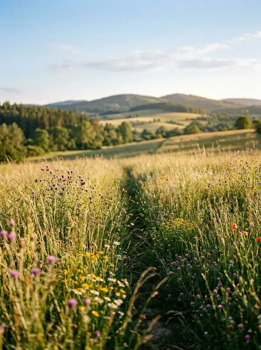 A field of wildflowers and tall grass with hills in the distance.