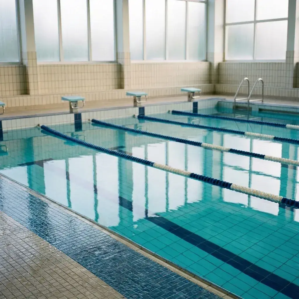 An empty indoor swimming pool with blue lane markers and large windows.