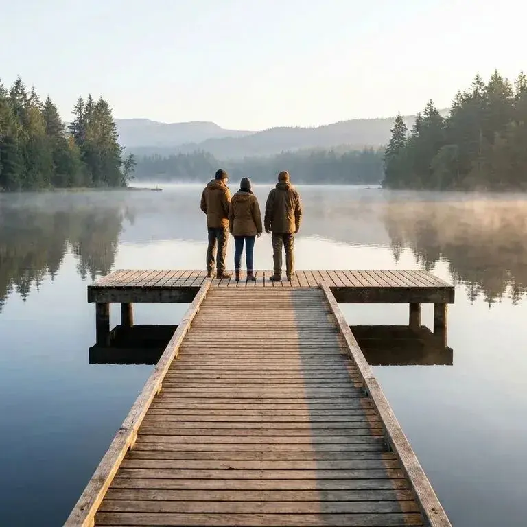 Three people remain at the end of the dock; the person who stood on the far right is gone.