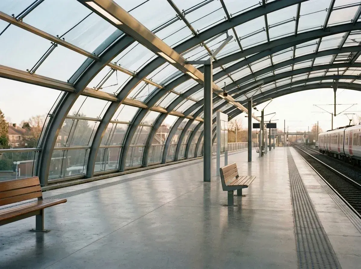 An empty train station platform with benches and a train on the tracks.