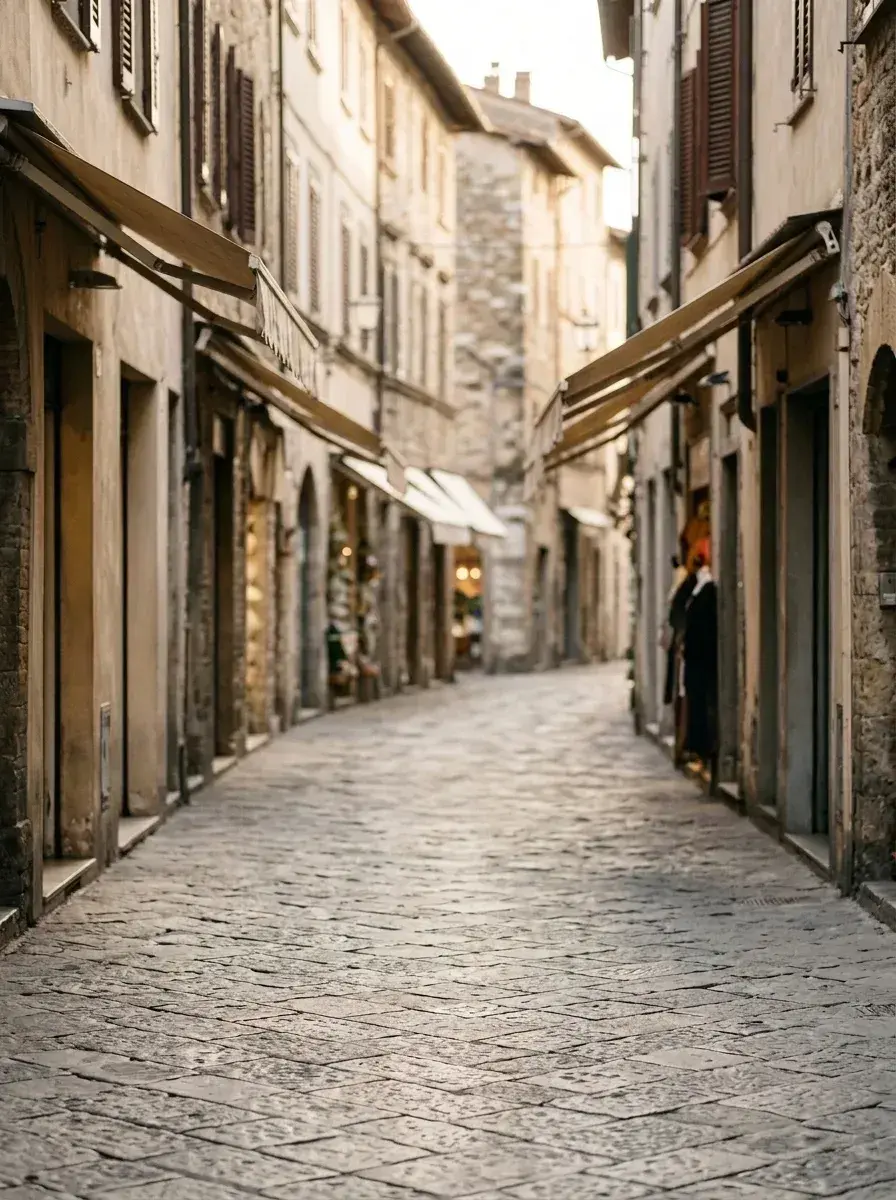 An empty narrow cobblestone street lined with old buildings and shop awnings, with all people removed.