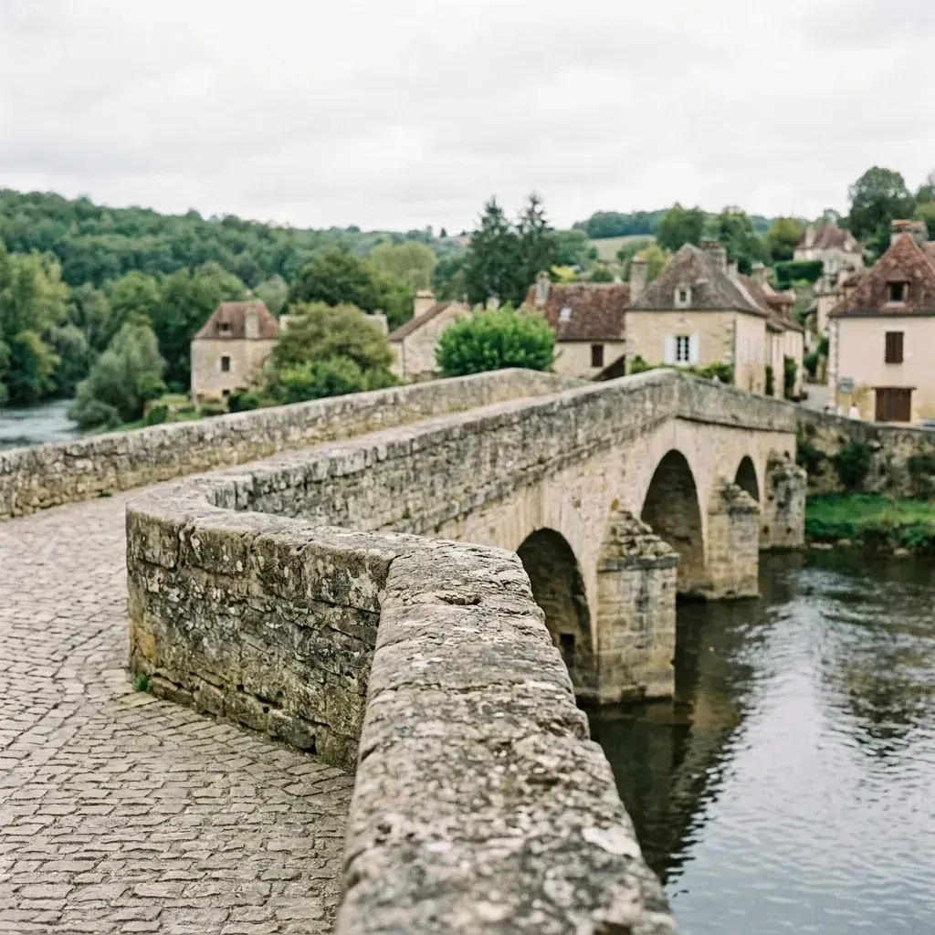 An empty stone bridge with a cobblestone path overlooks a river and a village.