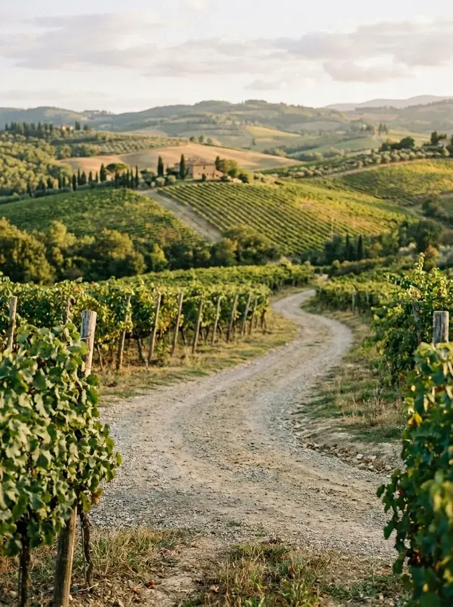 An empty gravel path winds through a vineyard toward hills and a building under a hazy sky.
