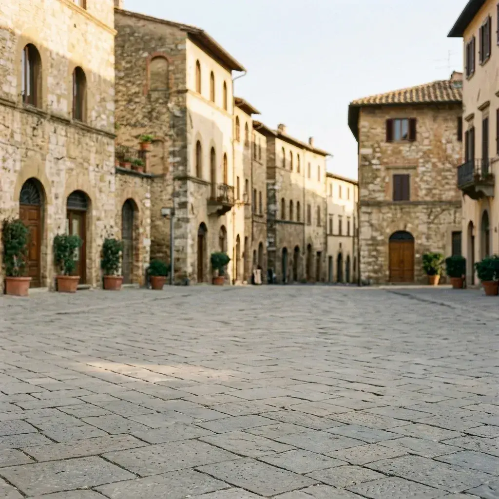 An empty cobblestone square surrounded by historic stone buildings with no people present.
