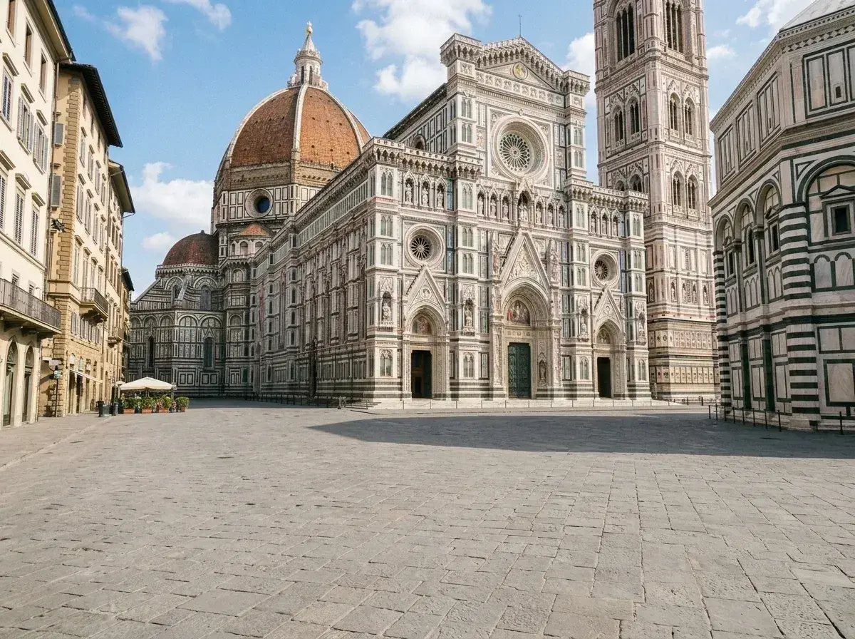 The same view of the Florence Cathedral with an empty stone square and no people visible.