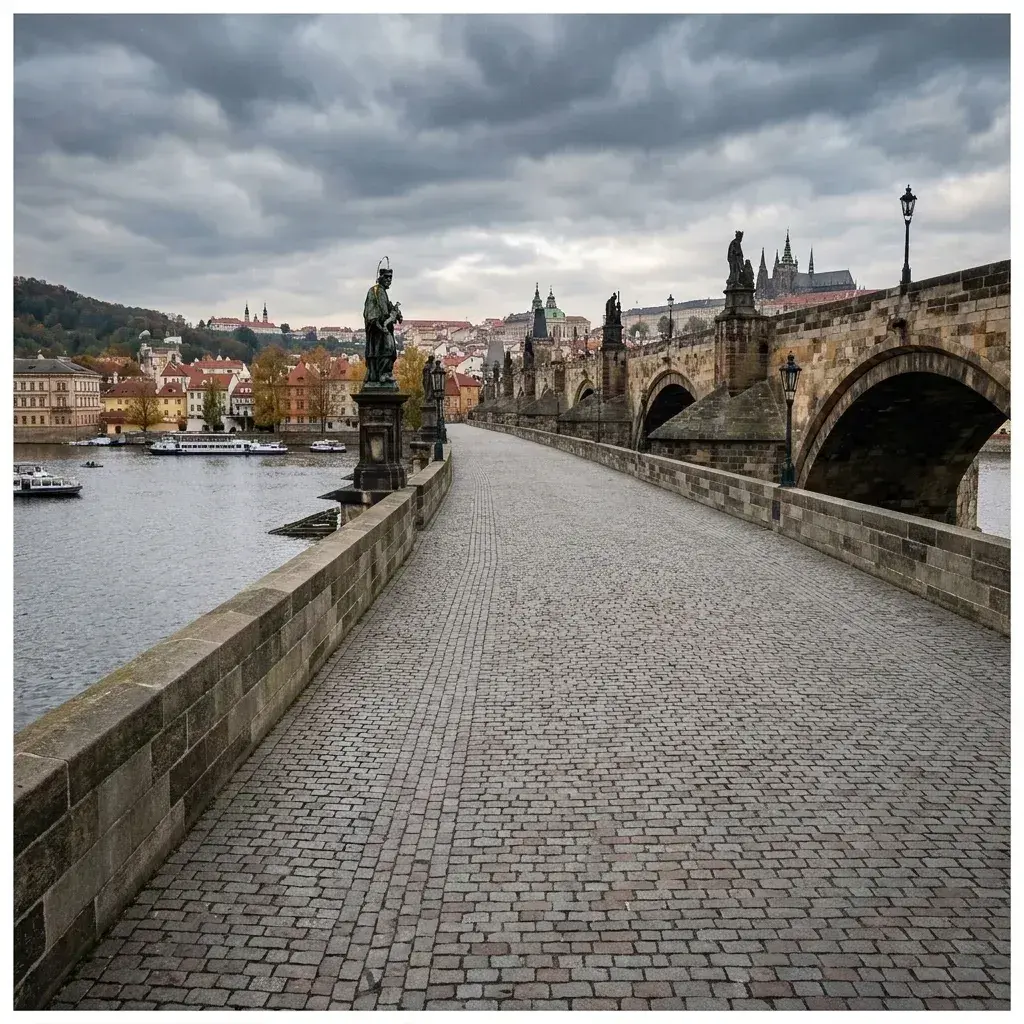 The same cobblestone bridge shown completely empty, revealing the stone path and statues leading toward the city architecture in the distance.
