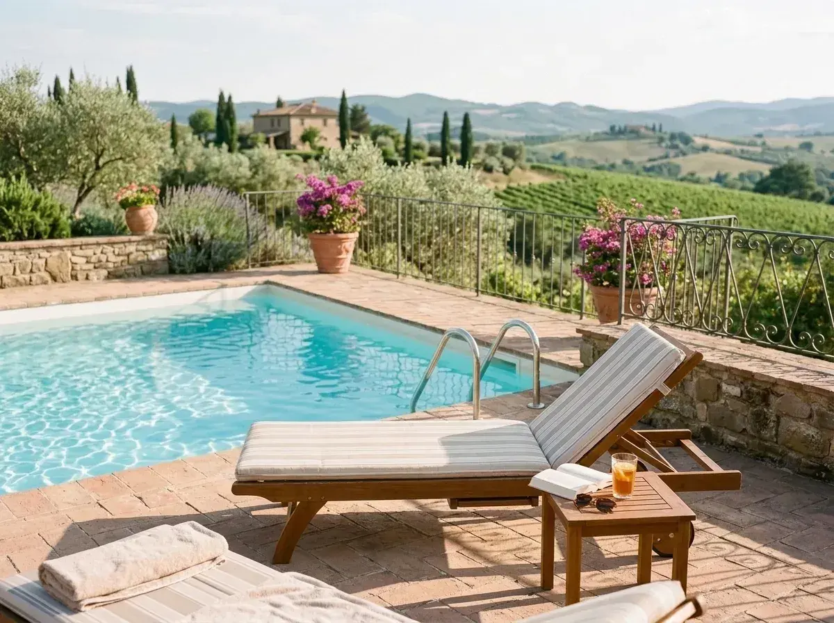 An empty lounge chair sits on a brick patio by a swimming pool with a view of rolling hills.