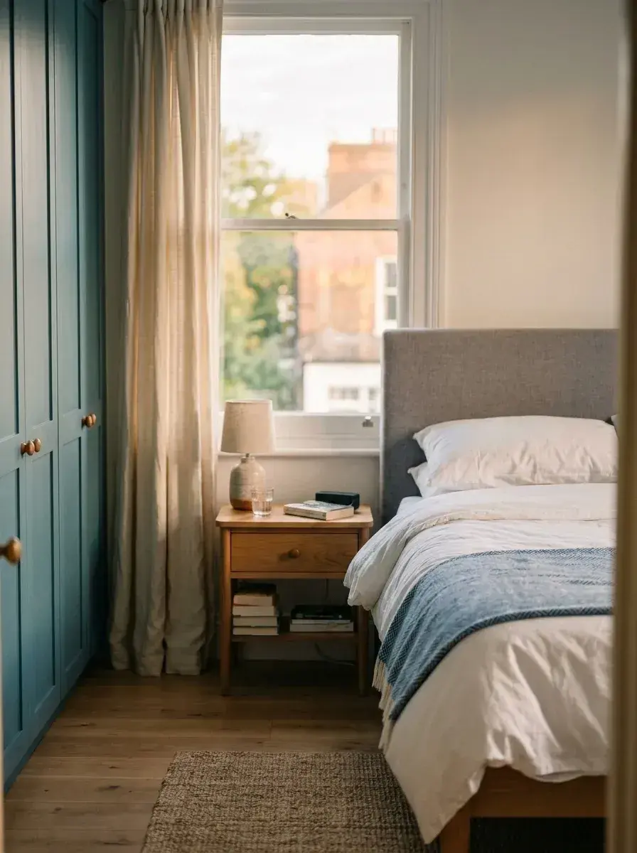 A bedroom with a made bed, a wooden nightstand, and blue wardrobes under a window.