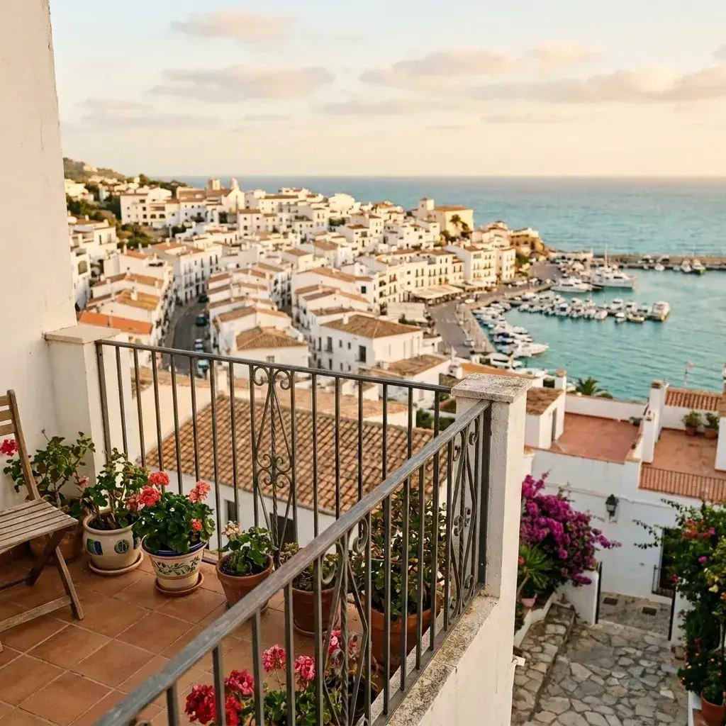 An empty balcony with potted plants overlooks a white coastal village and a harbor under a soft sunset sky.