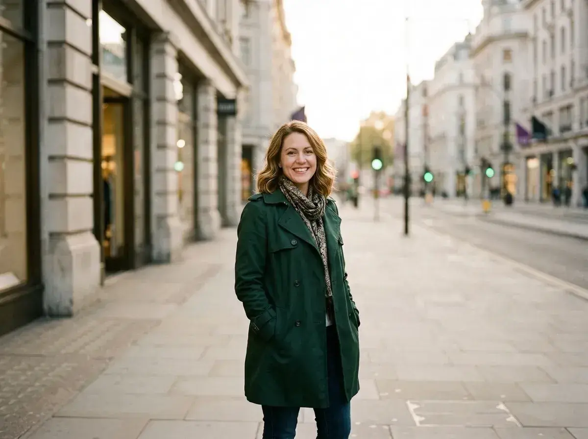 The same woman in a green coat stands on the same city sidewalk, which is now empty of other people.