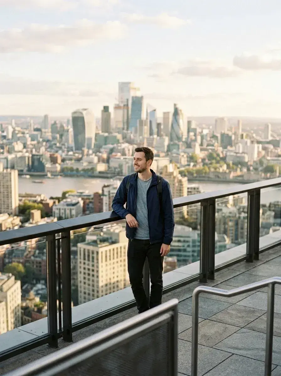 The same man leans against the railing on the rooftop, with the other people removed from the background.