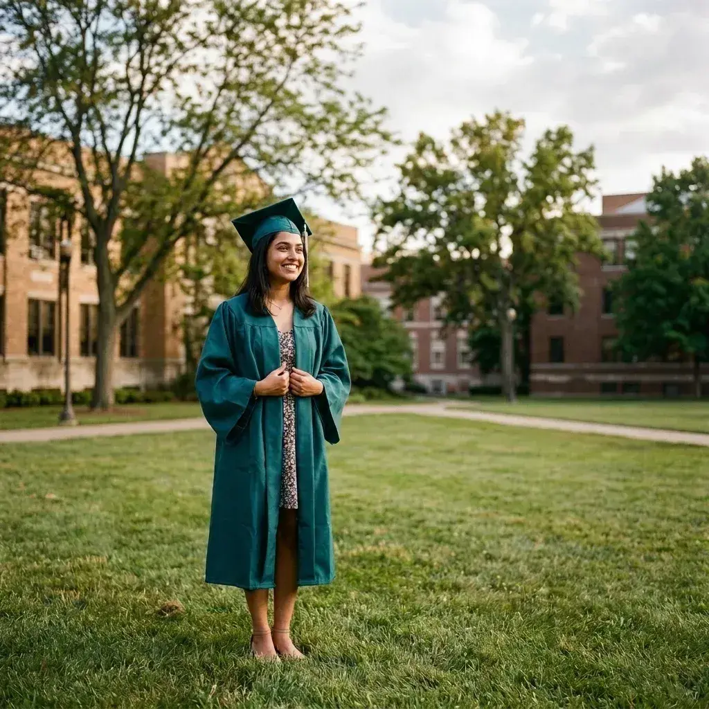 The same woman in her graduation attire stands alone on the lawn with the background people removed.