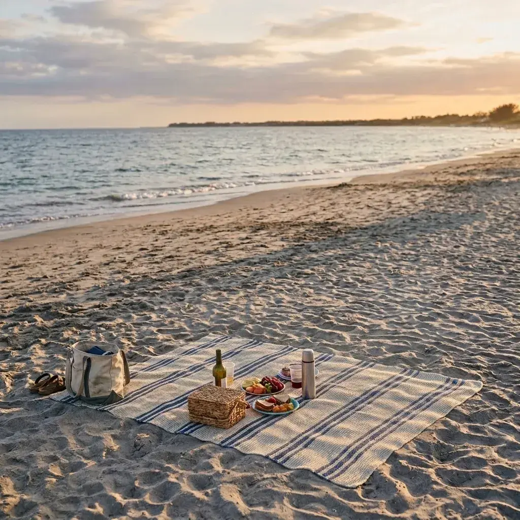 A striped picnic blanket with food, a basket, and a bag sits on an empty sandy beach at sunset.