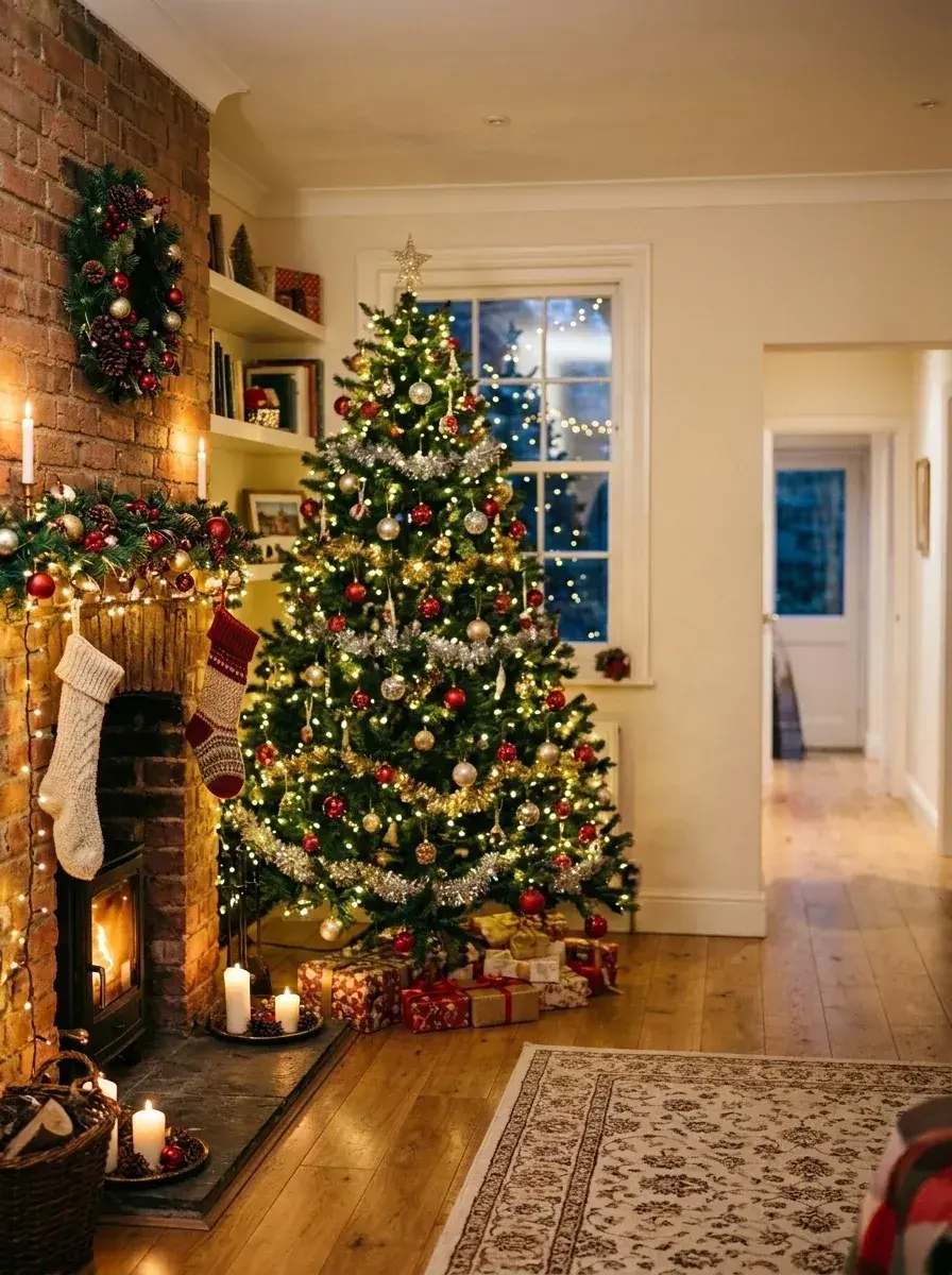 A festive living room with a decorated Christmas tree, fireplace, and stockings, with no people present.
