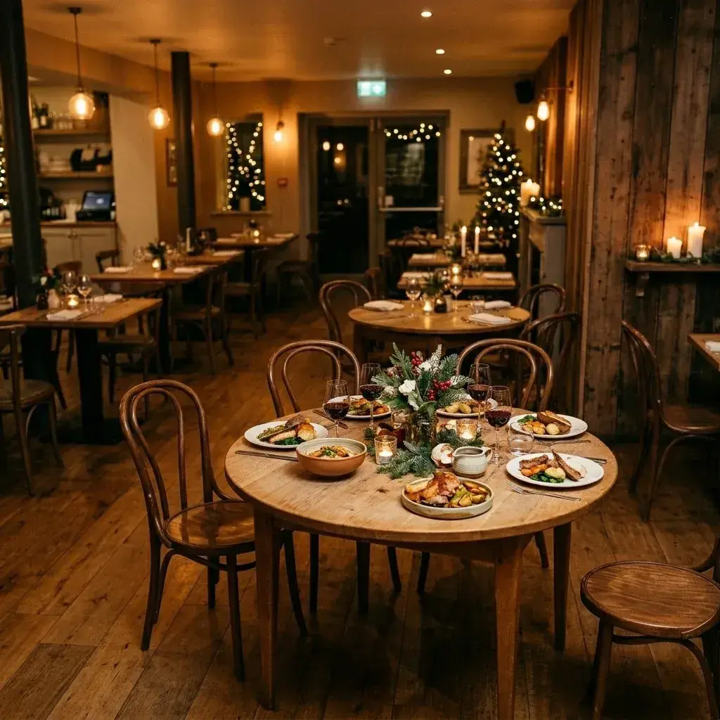 A festive restaurant scene featuring an empty table set with various dishes.