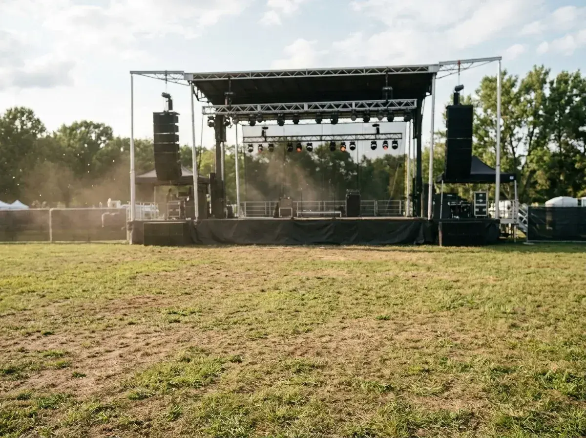 An empty outdoor stage stands in a grassy field with no audience or performers visible.