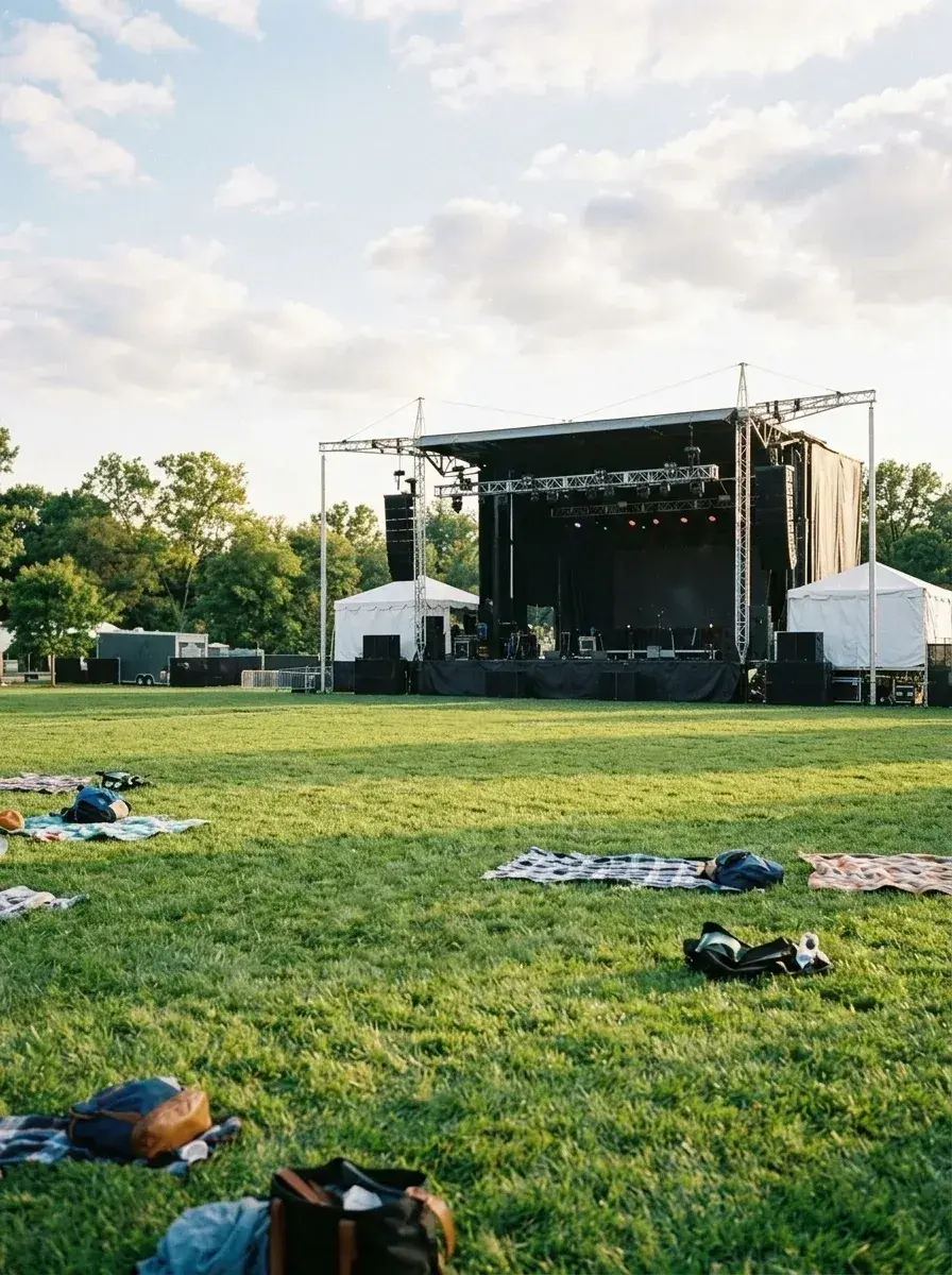 An empty grassy field with scattered blankets and bags in front of a concert stage.