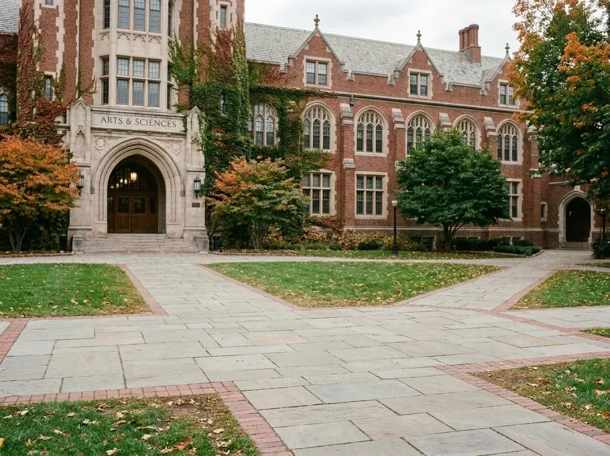 An empty stone walkway in front of a large brick university building with arched windows and a sign that reads "ARTS & SCIENCES."