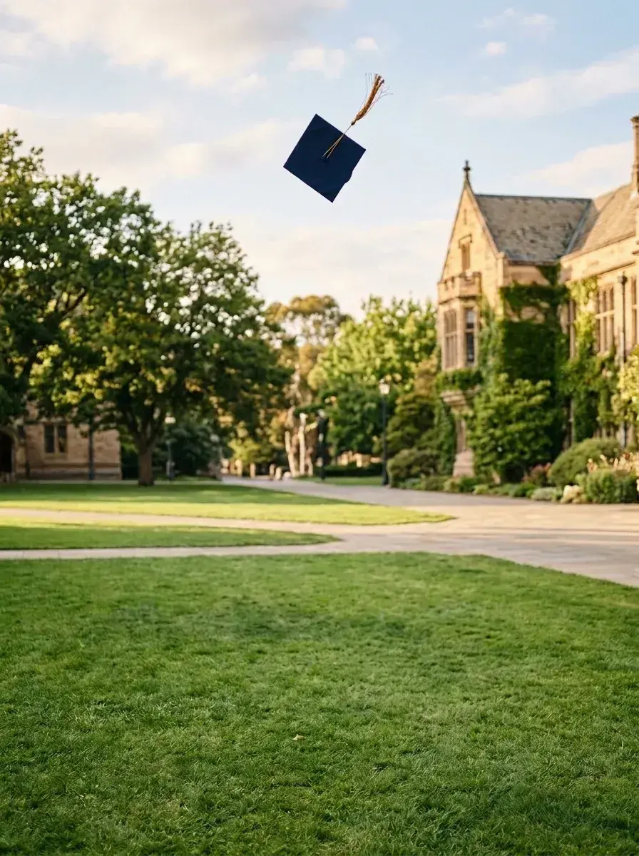 A graduation cap floats in the air above an empty grassy lawn in front of a stone building.
