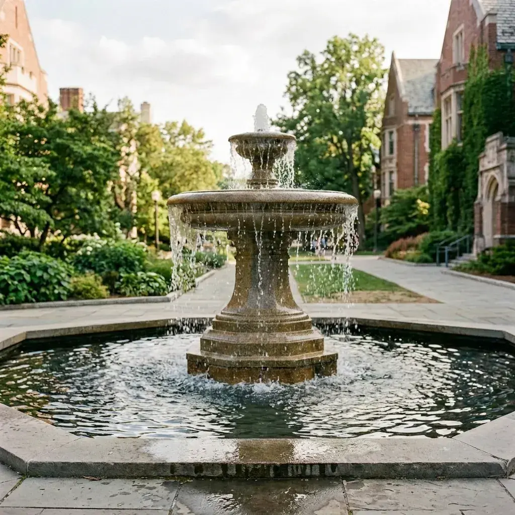 A stone fountain flows in a campus courtyard with no people present.