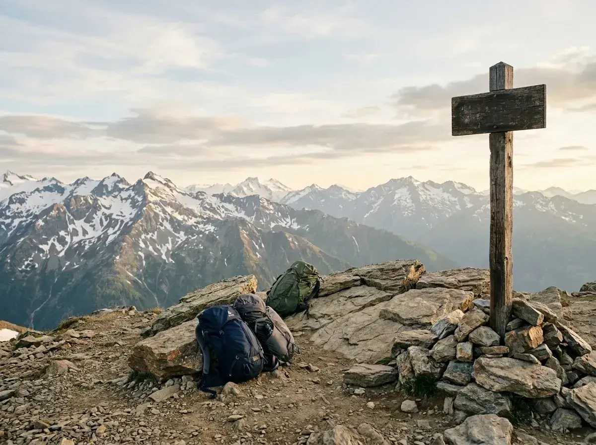 A rocky mountain peak with three backpacks and a wooden cross, overlooking a snow-capped mountain range under a cloudy sky.