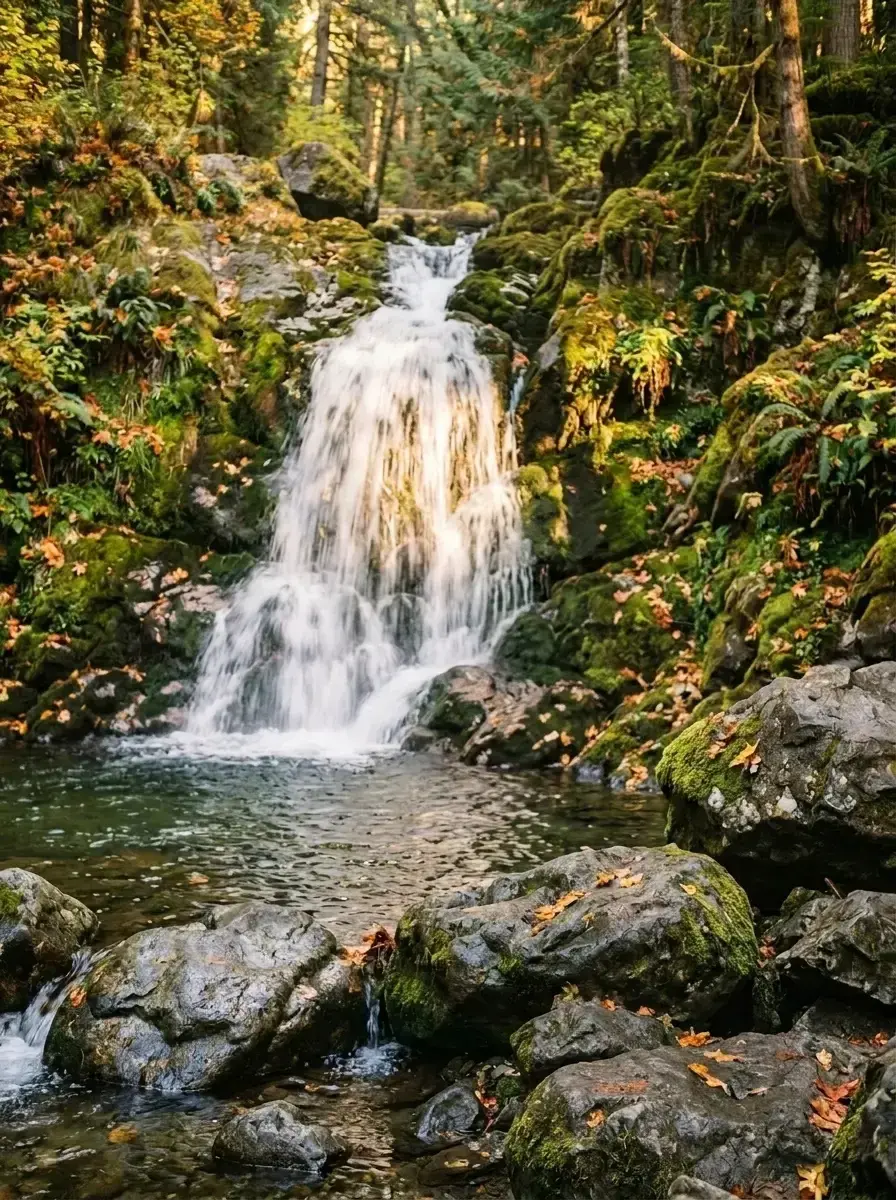 A waterfall flows over rocks into a pool in a lush forest with moss-covered stones and trees.