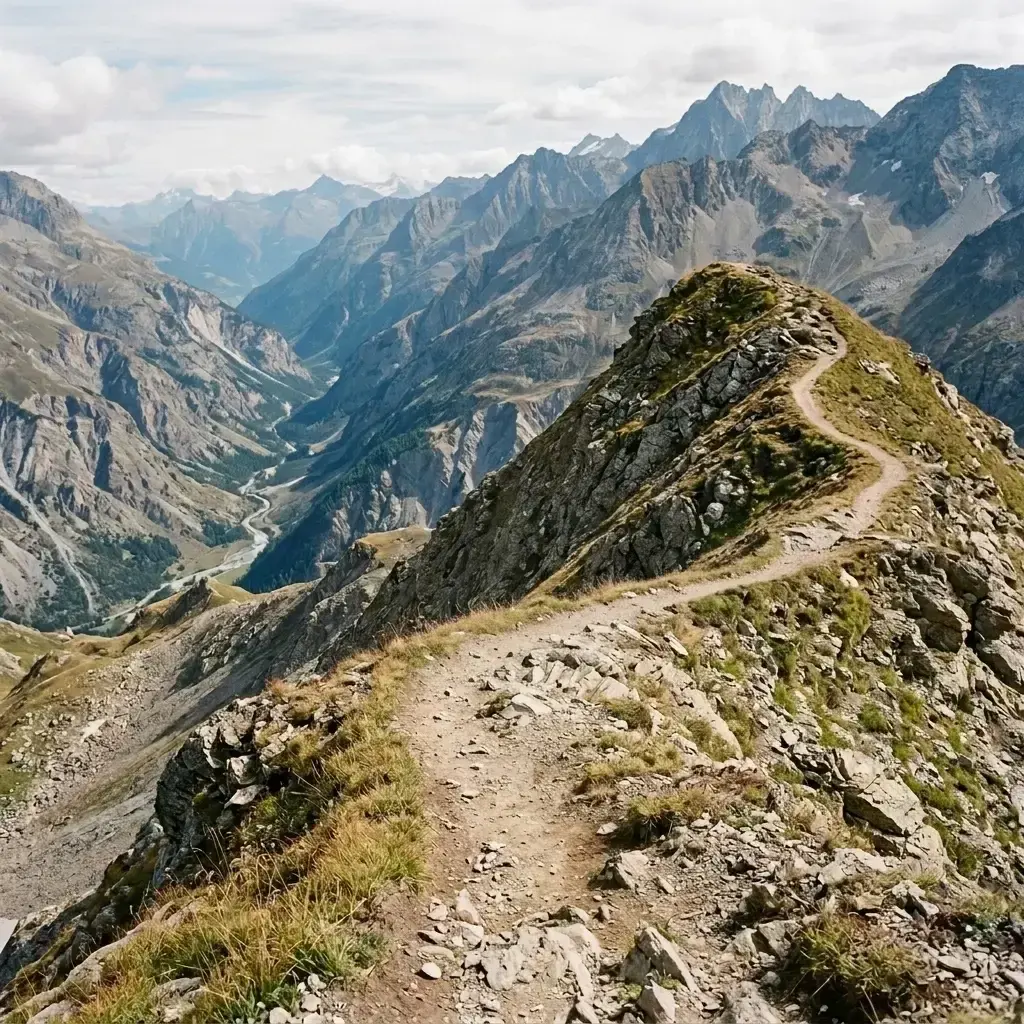 A narrow dirt path winds along a rocky mountain ridge overlooking a vast valley and distant peaks.