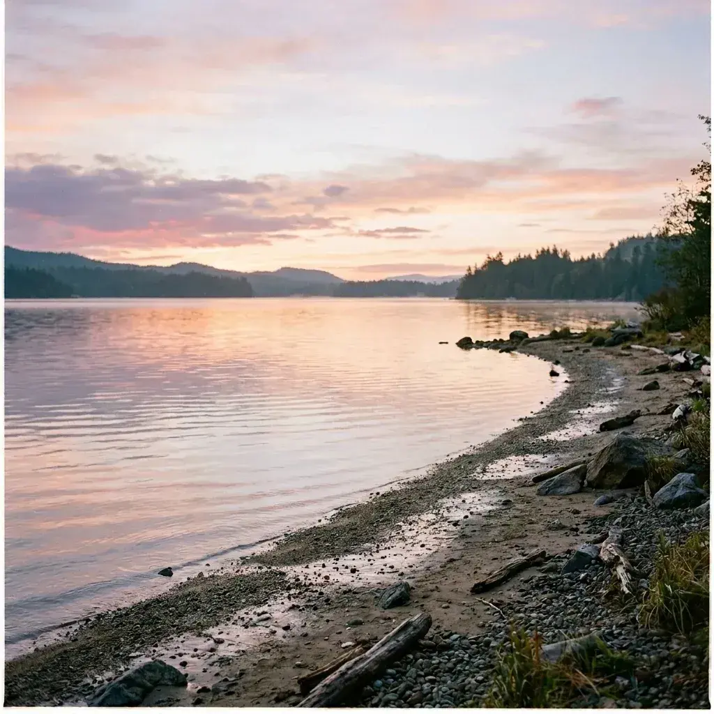 A peaceful, empty rocky beach at sunset with no people present.