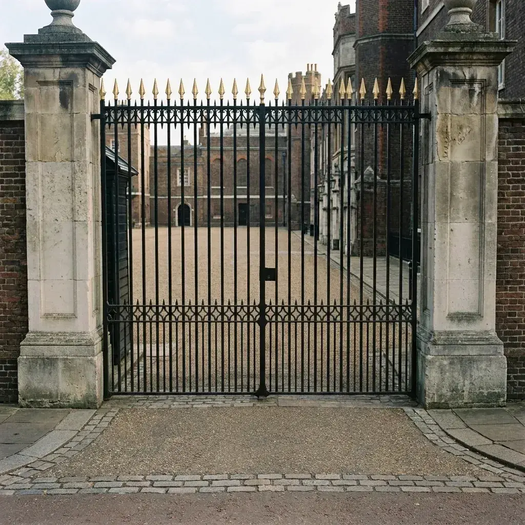 A large black iron gate with gold-tipped spikes stands between two stone pillars, revealing an empty courtyard and brick buildings.