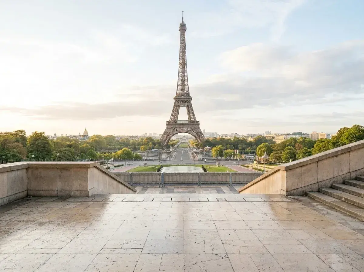 The same stone platform in Paris is completely empty, showing only the pavement and the Eiffel Tower in the distance.