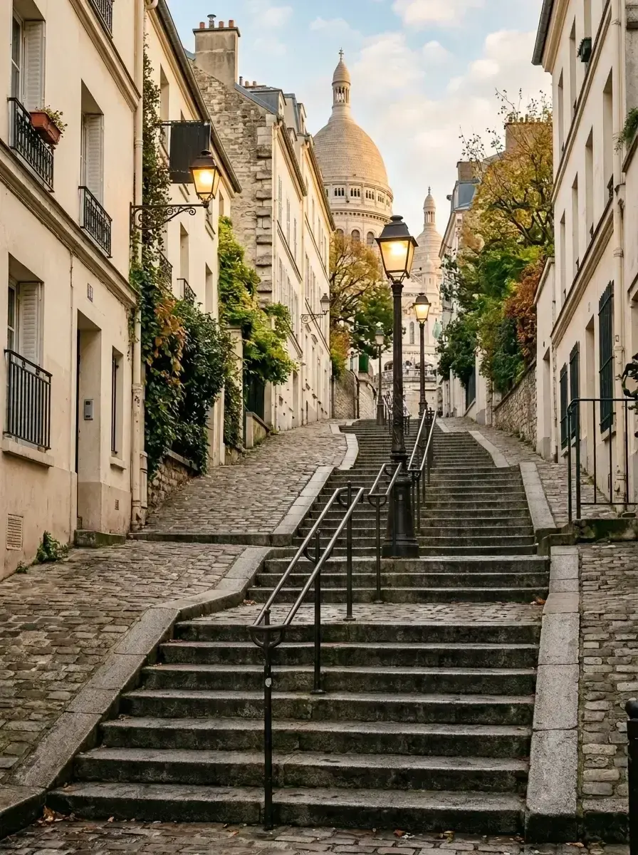 An empty stone staircase on a narrow Parisian street leading toward the Sacré-Cœur Basilica with no people visible.