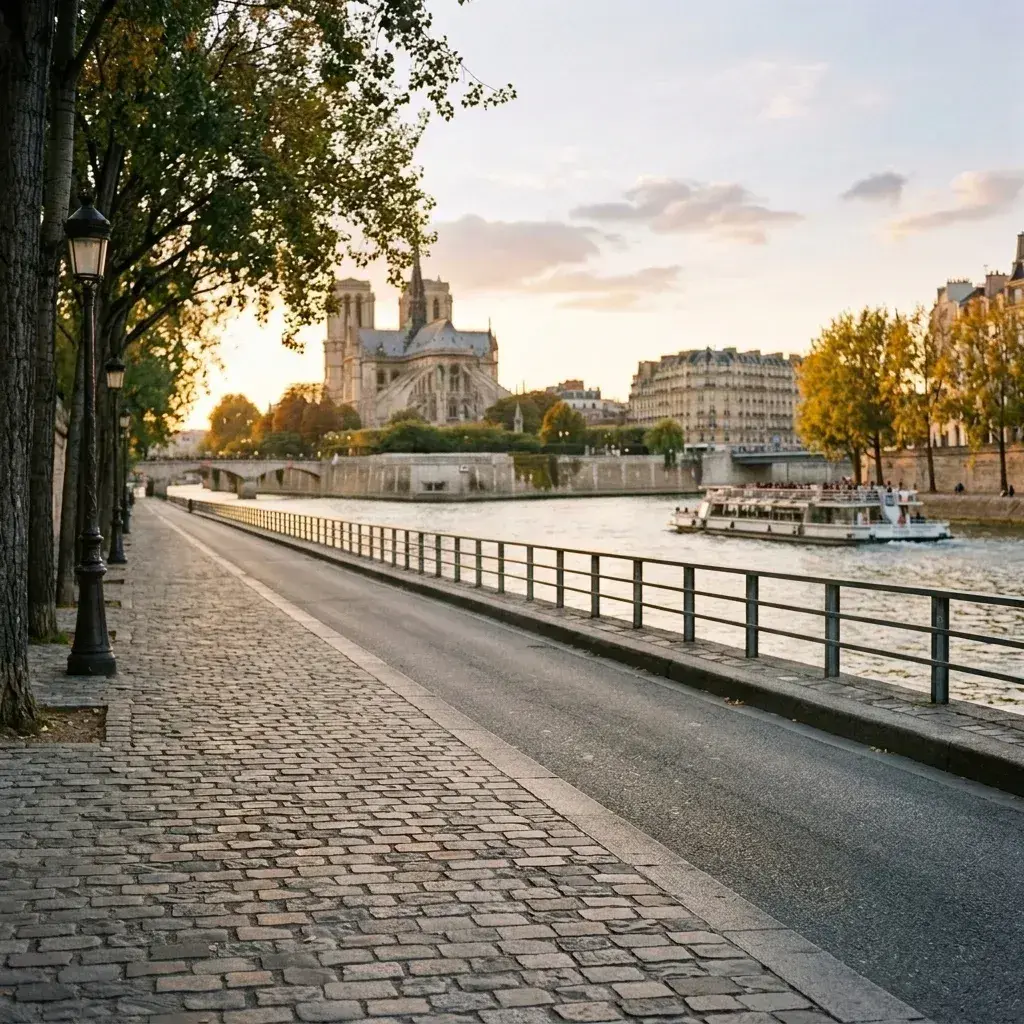 An empty cobblestone path and road next to the Seine River in Paris, with Notre Dame Cathedral visible in the background.