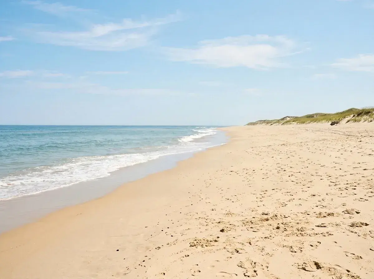 An empty sandy beach with ocean waves and dunes under a blue sky.