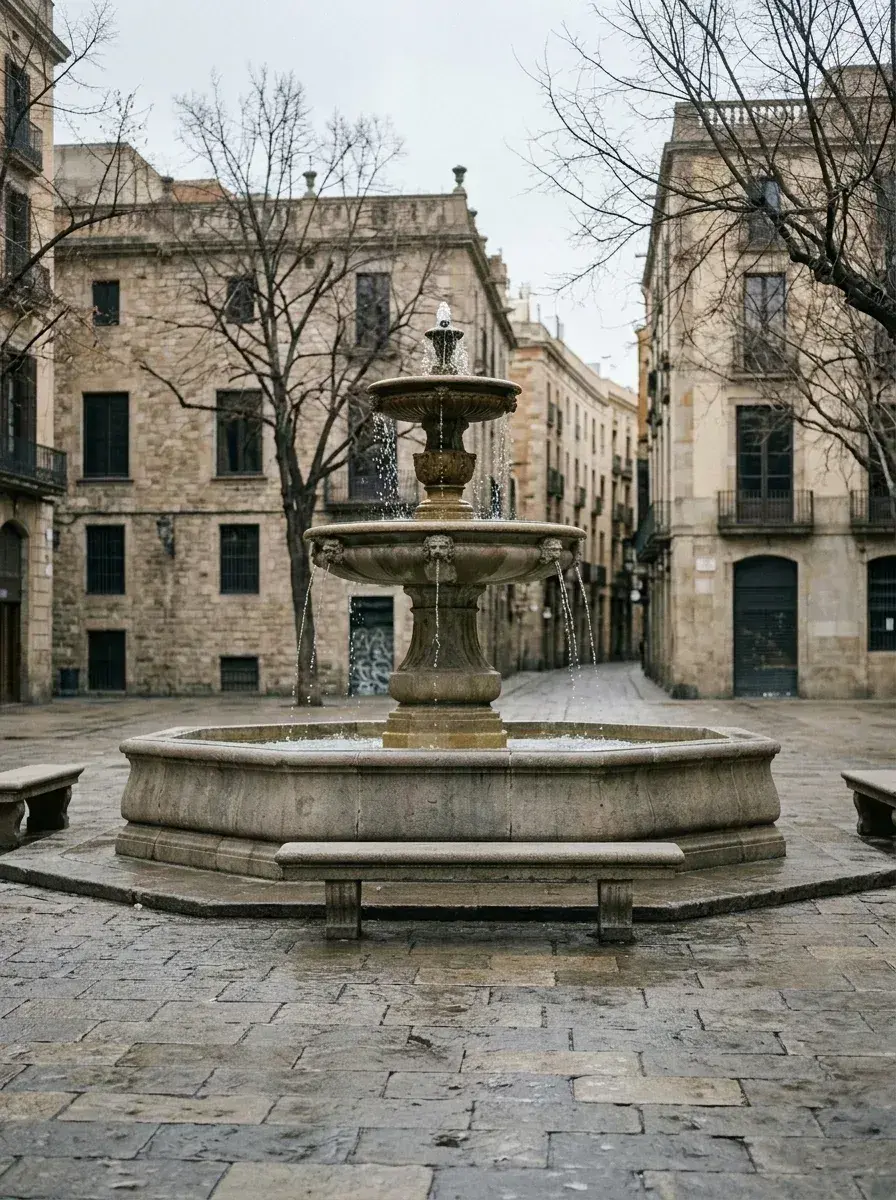 A large tiered stone fountain stands in the center of an empty cobblestone plaza surrounded by old stone buildings.