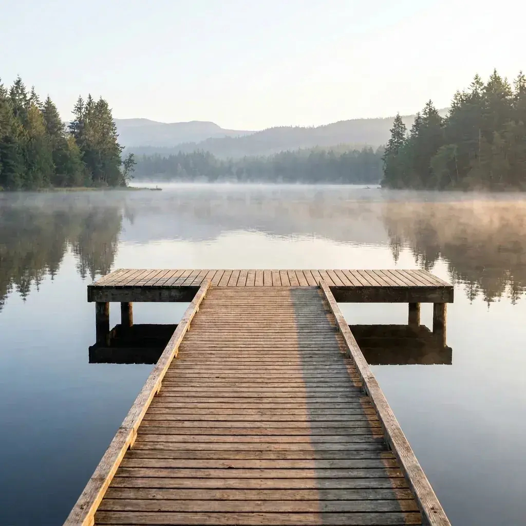 An empty wooden dock extends into a calm, misty lake surrounded by evergreen trees.