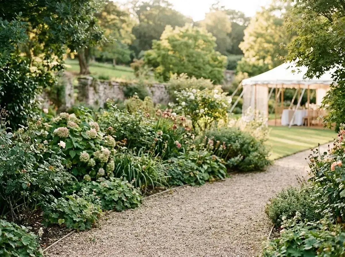 A gravel path winds through a garden with green foliage and a white tent, with no people visible.