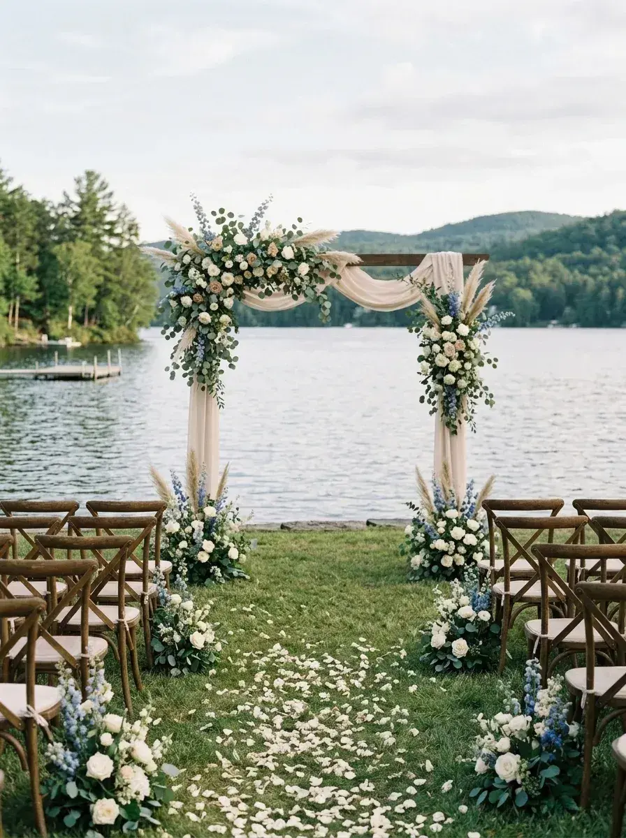 A floral wedding arch and empty wooden chairs stand on a grassy lawn overlooking a lake with no people present.