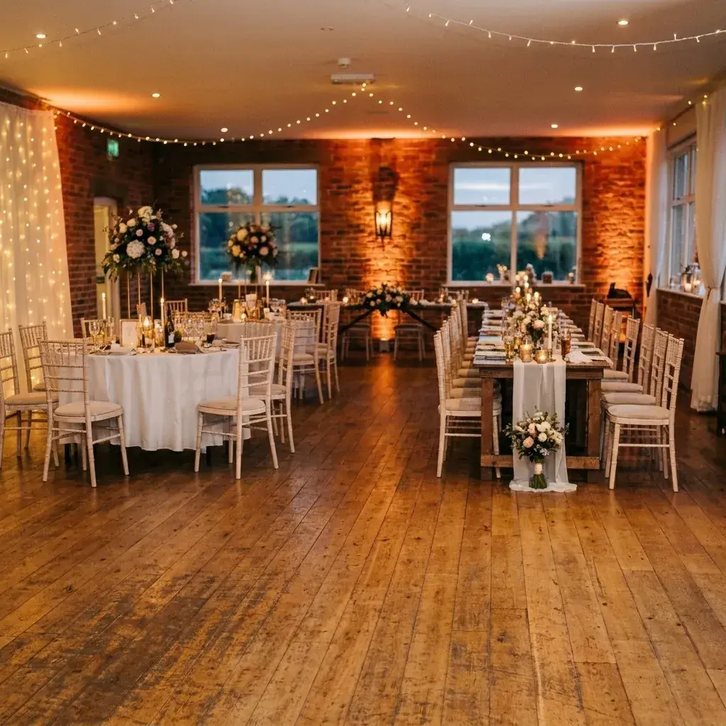 An empty wedding reception hall with wooden floors, brick walls, decorated tables, and string lights.