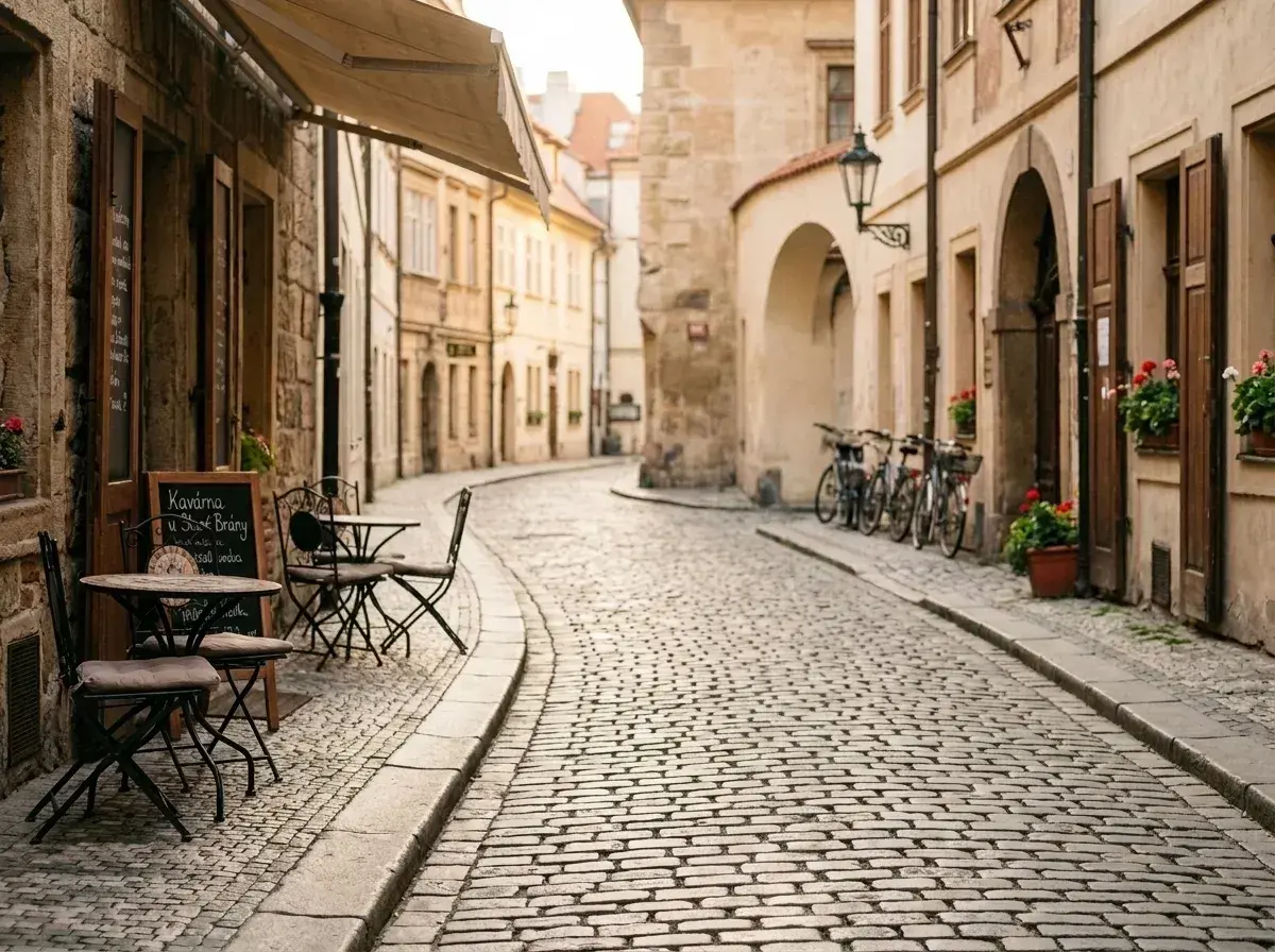 An empty cobblestone street with outdoor cafe seating and parked bicycles.