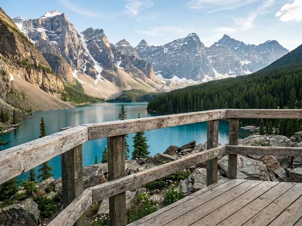 An empty wooden observation deck overlooks a bright blue lake surrounded by pine trees and mountains.