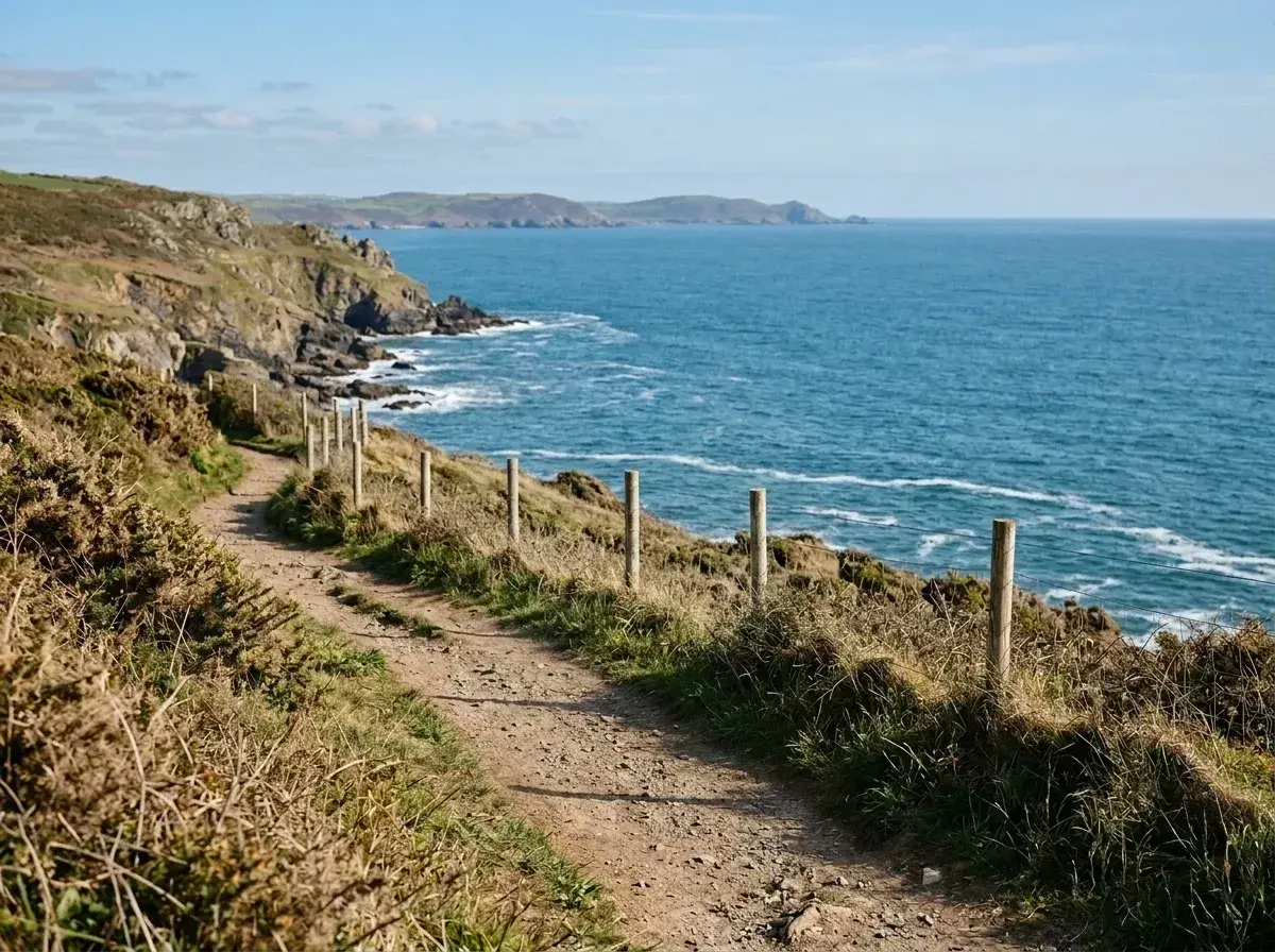 A dirt path winds along a grassy cliffside overlooking the sea with no people present.